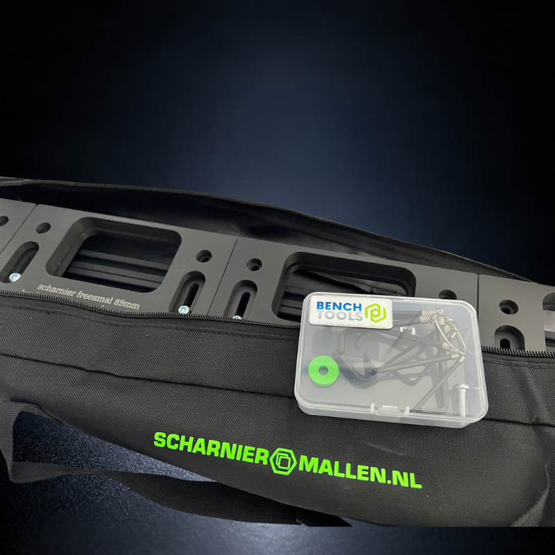 Complete scharniermallen set van 4st. 89mm mallen + rail systeem en tas Special Edition uitvoering.